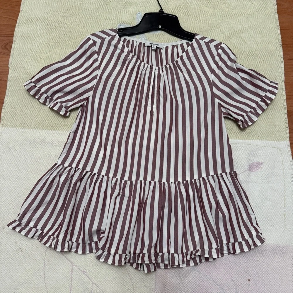 Madewell Women’s XXS White/Plum Striped Short Sleeve Peplum Blouse